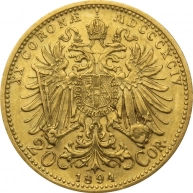 Zlatá mince Dvacetikoruna Františka Josefa I. Rakouská ražba 1894