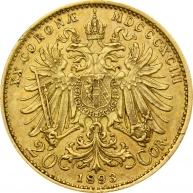 Zlatá mince Dvacetikoruna Františka Josefa I. Rakouská ražba 1893