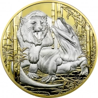 Stříbrná pozlacená mince 5 Oz Apex Predators - Varan versus tygr 2022 Proof