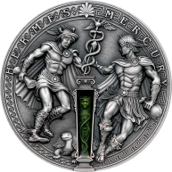 Stříbrná mince Starověcí bohové: Hermes a Merkur 2 Oz High Relief 2021 Antique Standard
