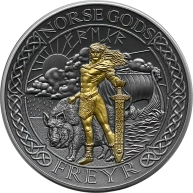Stříbrná pozlacená mince Severští bohové - Frey 2 Oz High Relief 2023 Antique Standard