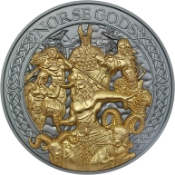 Stříbrná pozlacená mince Severští bohové - The Aesir 5 Oz High Relief 2024 Antique Standard