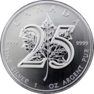 Stříbrná investiční mince Maple Leaf 25. výročí 1 Oz